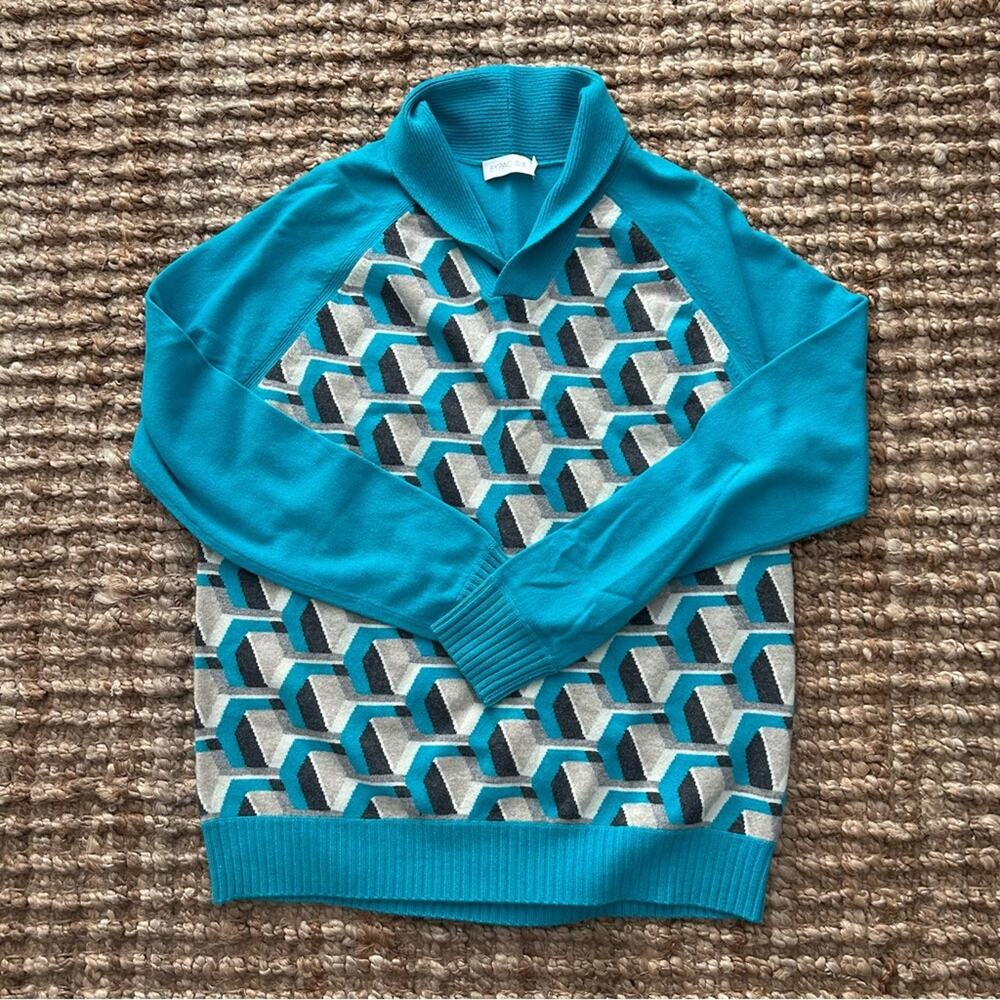 BYPAC 100% Cashmere Shawl Collar Sweater Turquoise Geometric Women's XL NWOT